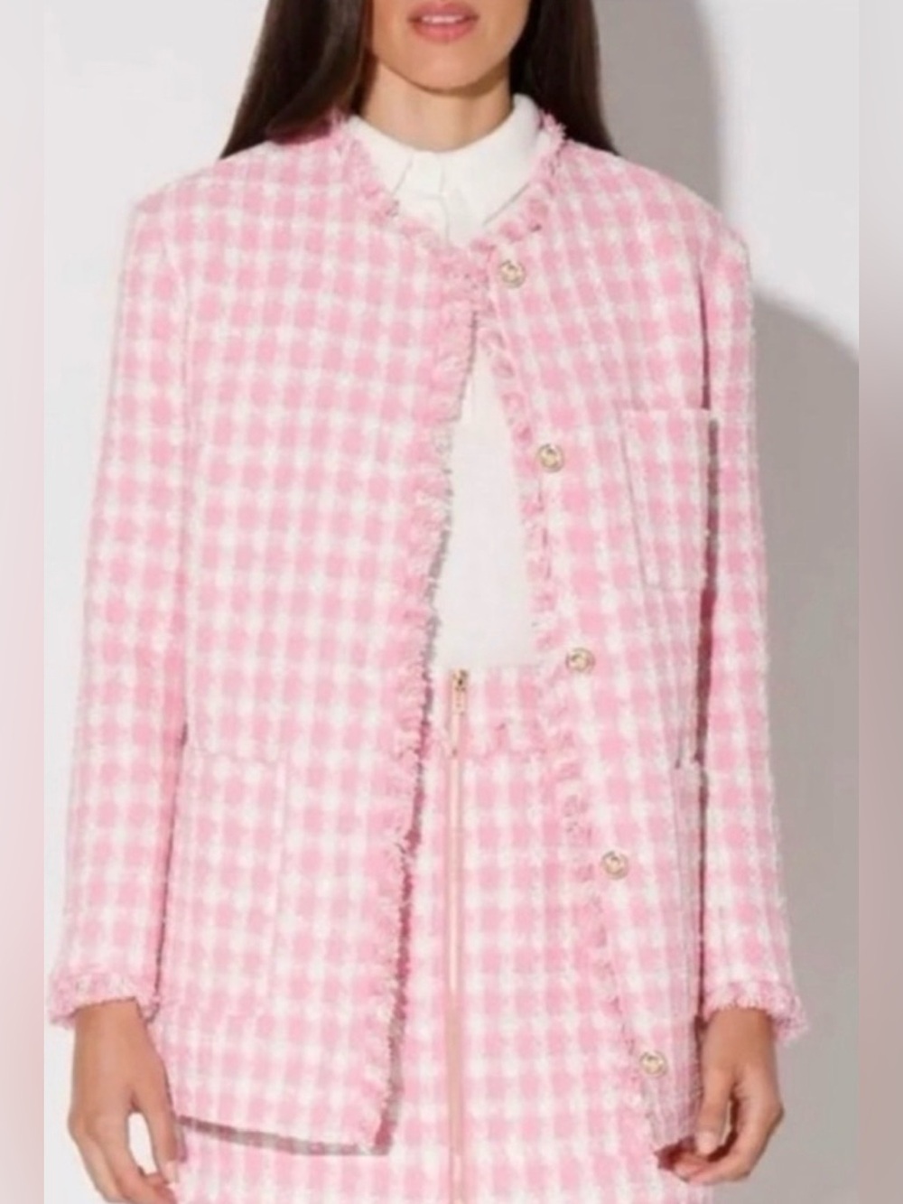 🎀🎀🎀Walter Baker szS Pink White Metallic Plaid Longline Blazer w/ Gold Buttons